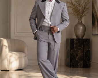 Mens Gray Retro Suit Set, Wide Peak Lapel Jacket with Flared Pants, Groom Wedding Suit for Men