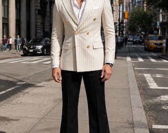 Costume croisé crème à fines rayures pour homme, pantalon noir évasé, style vintage années 70, costume rétro sur mesure, costume formel pour homme