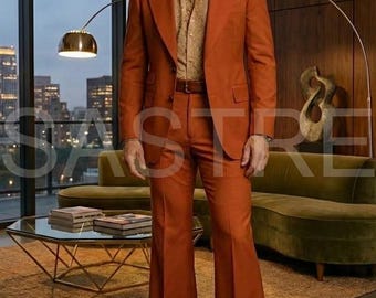 Men's Burnt Orange 70s Style Suit – Retro Wide Lapel Bell Bottoms