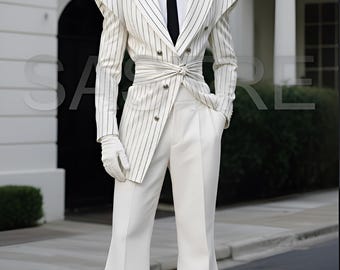 White Pinstripe Avant-Garde Suit – Ultra Wide Lapel, Bell Bottom Trousers (Custom Made)