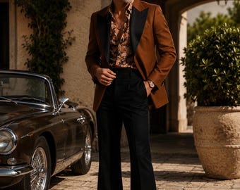 70s Retro Men Brown Suit Terracotta Double Breasted Dinner Blazer, Flared Black Pants, Custom Vintage Wedding Groom Tux, Men Fashion Outfit