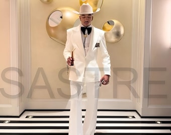Men's 1970s Western Suit – White Terry Rayon, Wide Lapel, Flared Trousers