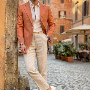 Men's Linen Suit Separates: Terracotta Blazer & Beige Trousers