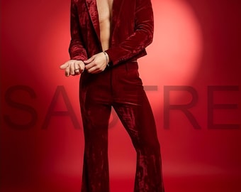 Men's Blood Red Velvet Suit - 70s Vintage Style Flare Pants & Cropped Blazer Set - Disco Prom Outfit - Slim Fit Retro Red Velvet Co-ord
