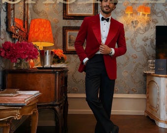 Men's Red Velvet Tuxedo Suit | Peak Lapel Dinner Jacket & Black Trousers | Wedding Groom Suit | Formal Black Tie Event Attire | Prom Suit