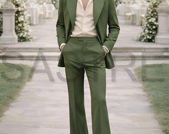 Sage Green 70s Retro Wedding Suit – Flare Pants, Wide Lapel Disco Style