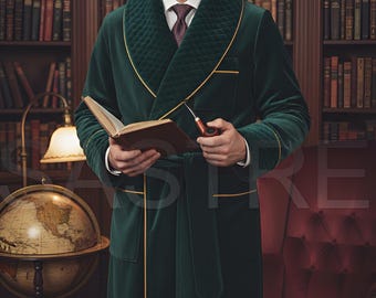 Deep Emerald Velvet Smoking Jacket with Quilted Lapel - Handmade Luxury Robe for Men - Classic Victorian Style Dressing Gown