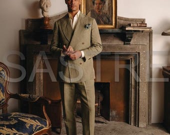 Olive Green Linen Double Breasted Suit – Men's Gatsby Style Two Piece