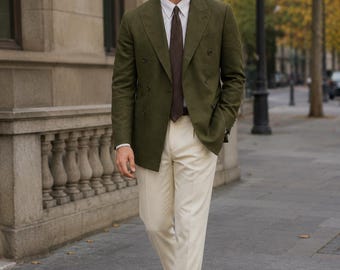 Olive Green Double Breasted Suit for Men | Premium Terry Rayon Blazer with Cream Trousers | Wedding, Business, Formal, Groom & Party Suit |
