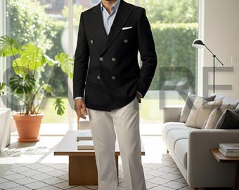 70s Retro Suit - Black Double Breasted Blazer & White Bell Bottoms