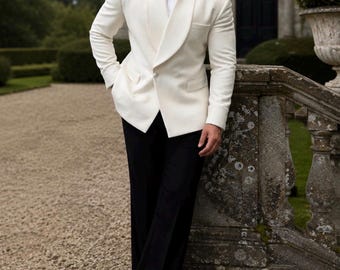 Ivory White Tuxedo for Men – Shawl Lapel Wedding Suit with Black Pants – Groom Formal Wear