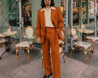 Men's 70s Burnt Orange Suit, Wide Leg Flared Trousers, Retro Wedding Outfit