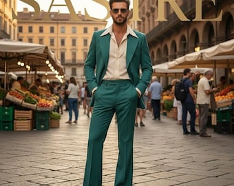 Teal Green 1970s Style Suit | Men's Terry Rayon Peak Lapel Suit