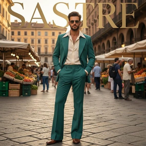 Teal Green 1970s Style Suit | Men's Terry Rayon Peak Lapel Suit