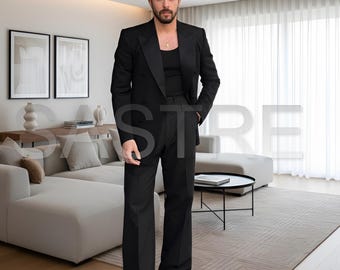Men's 70s Vintage Black Suit – Wide Peak Lapel, Bell Bottom Trousers, Terry Rayon