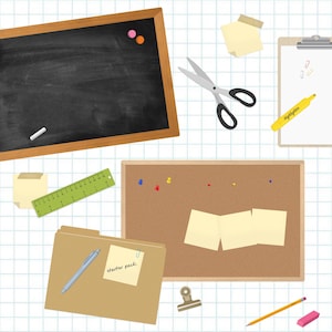 May include: A collection of stationery items on a grid. Includes a chalkboard, scissors, a clipboard, a corkboard, a ruler, a folder with a pen, a pencil, an eraser, and sticky notes. The folder has a sticky note that says "starter pack."