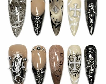 Gothic Chrome Press On Nails, Black Nude Cross Nails, 3D Silver Nails, Edgy Stiletto Nails, Luxury Dark Aesthetic Nails