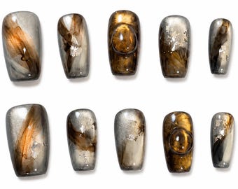 Gold Marble Cat Eye Press On Nails Metallic Bronze Custom Luxury Handmade Glossy Reusable Nail Set