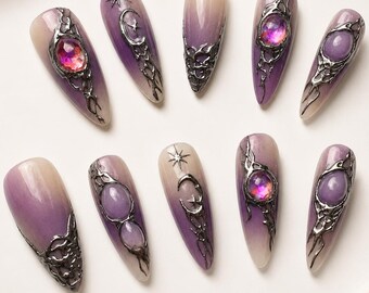 Celestial Purple Press On Nails, Moon Star Fantasy Nail Set Gothic Aura Ombre Nails Purple Ombre Fantasy Nails, Celestial Moon Press On Nail