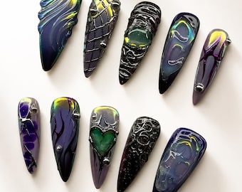 Dark Aura Press On Nails, Chrome Goth Nails, Iridescent Black Purple Nails, Futuristic 3D Nail Set