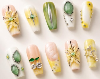 Yellow Flower Press On Nails, Floral Gem Nail Set, Soft Spring Nails, Elegant Pastel Green White Nails, Handmade Nails