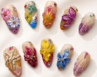 Tropical Flower Press On Nails, Beach Summer Nail Set, Colorful Hibiscus Floral Nails Summer Beach Nails, Tropical Floral Press On Nails