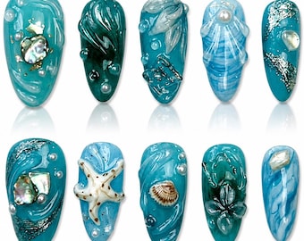 Teal Ocean Press On Nails, Minimal Mermaid Nails, Shell Pearl Nails, Beach Nails, Summer Short Press On Nails