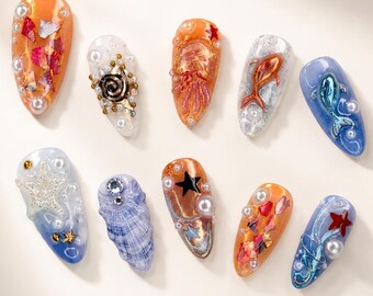 Aurora Jellyfish Press On Nails, Iridescent Ocean Nail Set, Mermaid Chrome 3D Nails, Pastel Ocean Press On Nails, Jellyfish Mermaid Nail Art