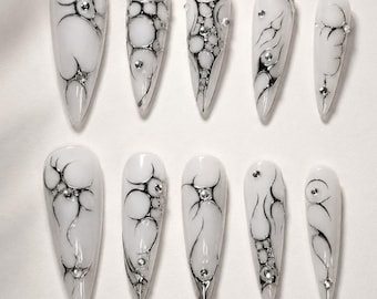 Silver Chrome Abstract Press On Nails, Futuristic Metallic Nail Set, Minimalist 3D Silver Nails, Modern Luxury Nails