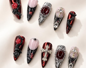 Gothic Vampire Press On Nails, Dark Red Chrome Nail Set, Gothic Cross Gem Nails Dark Gothic Nails, Vampire Inspired Press On Nails