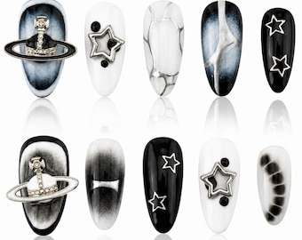 Black Silver Star Press On Nails, Galaxy Chrome Nail Set, Futuristic Space Nails, Metallic Y2K Nails