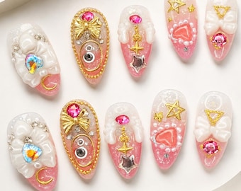 Kawaii Magical Girl Press On Nails, Pink Anime Inspired 3D Nail Set, Cute Fantasy Nails, Cute Kawaii Press On Nails, Pink Charm Nail Set