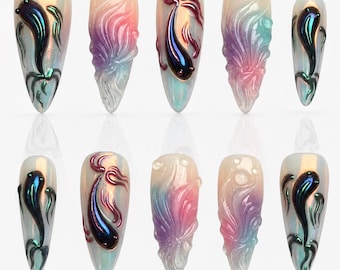 Aurora Jellyfish Press On Nails, Iridescent Ocean Nail Set, Mermaid Chrome 3D Nails, Pastel Ocean Press On Nails, Jellyfish Mermaid Nail Art