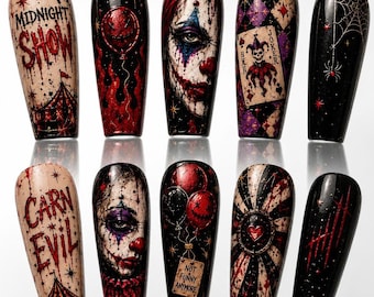 Dark Carnival Horror Press On Nails, Gothic Clown Halloween Nails, Creepy Nail Art Set, Horror Circus Press On Nails, Gothic Halloween Nail