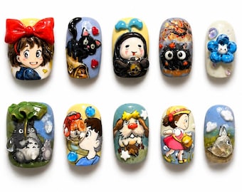 Cute Anime Inspired Press On Nails, Kawaii Cartoon Nail Set, Handmade 3D Character Nails, Cute Fantasy Nails