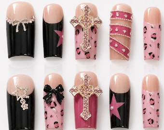 Pink Gothic Cross Press On Nails, Coquette Goth Nail Set, Black French Tip Nails, Y2K Pink Leopard Nails