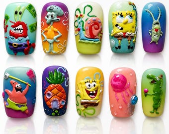 Cartoon Ocean Character Press On Nails, Funny Sea Theme Nails, Colorful Kawaii Nail Set, Cute Pop Art Nails