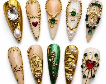 Gold Cross Press On Nails, Luxury Religious Nails, 3D Charm Nails, Nude Black Gold Nails, Baroque Gothic Nail Set