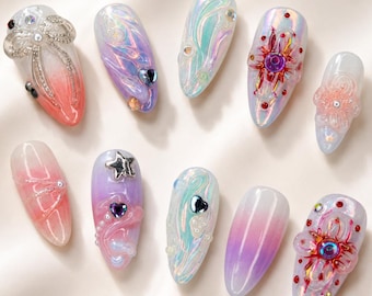 Mermaid Aura Press On Nails, Beachcore Nail Set, Ocean Fantasy Nails, Pastel Summer Nails, Pearl Jelly Nails