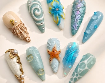 Ocean Mermaid Press On Nails, Seashell Starfish Nail Set, 3D Beach Nails, Pearl Summer Vacation Nails