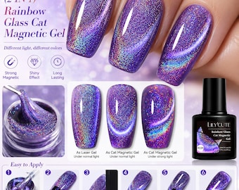Rainbow Glass Cat Eye Magnetic Gel Polish, Holographic Magnetic Nail Gel, UV Gel Polish Cat Eye Magnetic Gel Polish, Rainbow Aurora Nail Gel