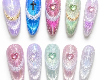 Pastel Heart Aura Press On Nails, Kawaii Angelcore Nails, Soft Girl Y2K Nails, Glitter Jelly Pink Blue Green Nail Set