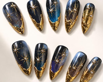 Celestial Galaxy Press On Nails, Gold Star Night Sky Nails, Cosmic Blue Nail Set, Luxury Space Inspired Nails