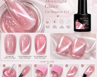Moonlight Cat Eye Gel Polish, Glitter Magnetic Nail Gel, Shimmer Aurora UV LED Gel. Rose Pink Cat Eye Magnetic Gel Polish, Glitter Nail Gel