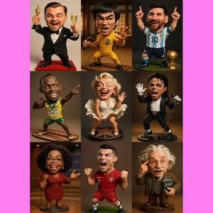 Könnte beinhalten: Eine Sammlung von neun Karikaturfiguren berühmter Persönlichkeiten. Die Figuren zeigen Leonardo DiCaprio, Bruce Lee, Lionel Messi, Usain Bolt, Marilyn Monroe, Michael Jackson, Oprah Winfrey, Cristiano Ronaldo und Albert Einstein.