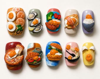 Cute Food Press On Nails, Miniature Breakfast Nail Art, Kawaii Snack Nails, Handmade 3D Food Nail Set