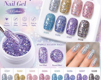 Glitter Sequins Nail Gel Polish Set, Holographic Sparkle UV Gel, Reflective Glitter Nail Art Gel Collection