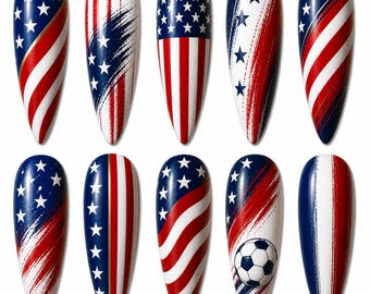 American Flag Press On Nails, Soccer Fan Nails, Red Green Nails, Football Nails, Long Stiletto Nails, Red Green Soccer Nails, Sports Nails,