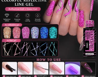 6 st reflekterande glitter liner gel set glittrig nagelkonst UV gellack för linjeteckning DIY naglar
