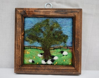 Small needle felted framed picture, landscape with sheep